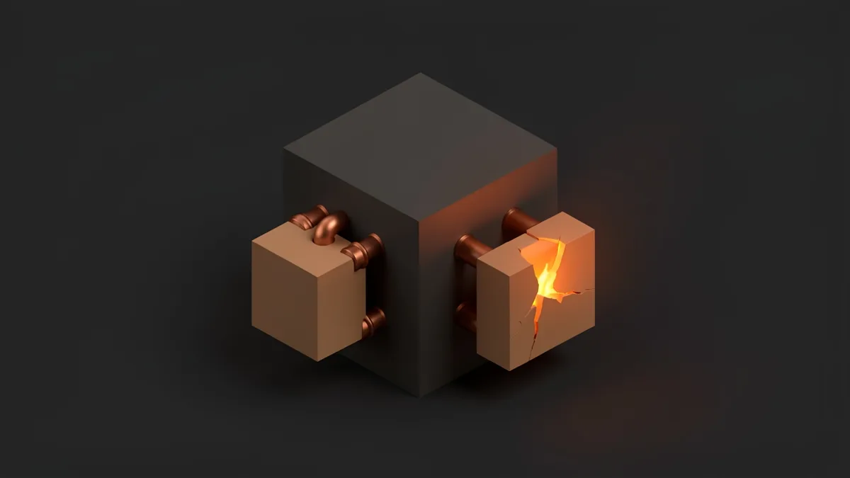 A dark block with copper pipes running into it from two smaller outside boxes, one of them cracked open with ember light leaking out.