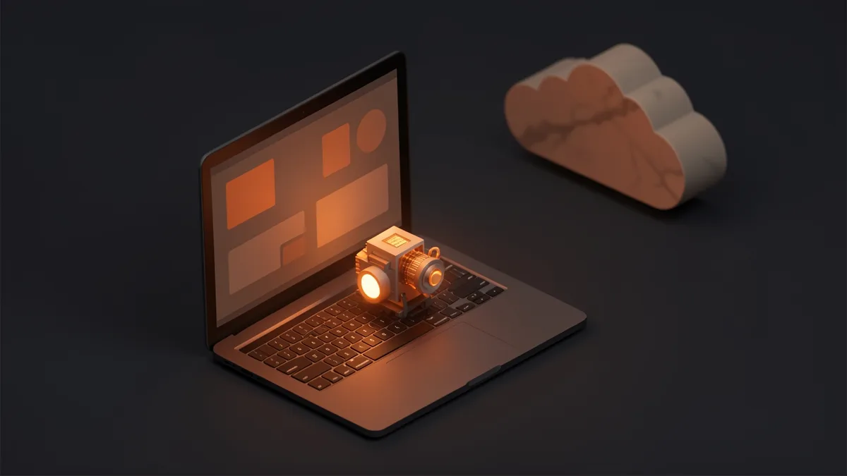 An open laptop with a small glowing engine sitting on its keyboard, and a faded cloud shape in the distance.
