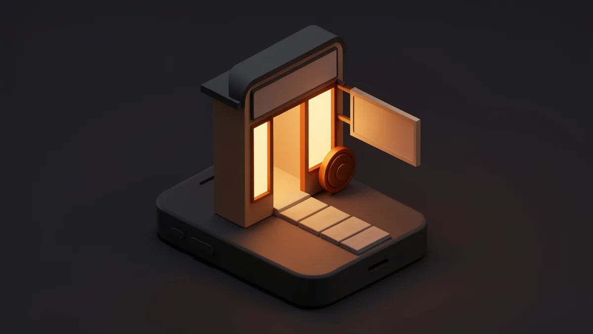 A small shop front standing on a giant phone-shaped plinth, with a wide open door, a large round doorbell and a short clear path leading in, in an isometric illustration.
