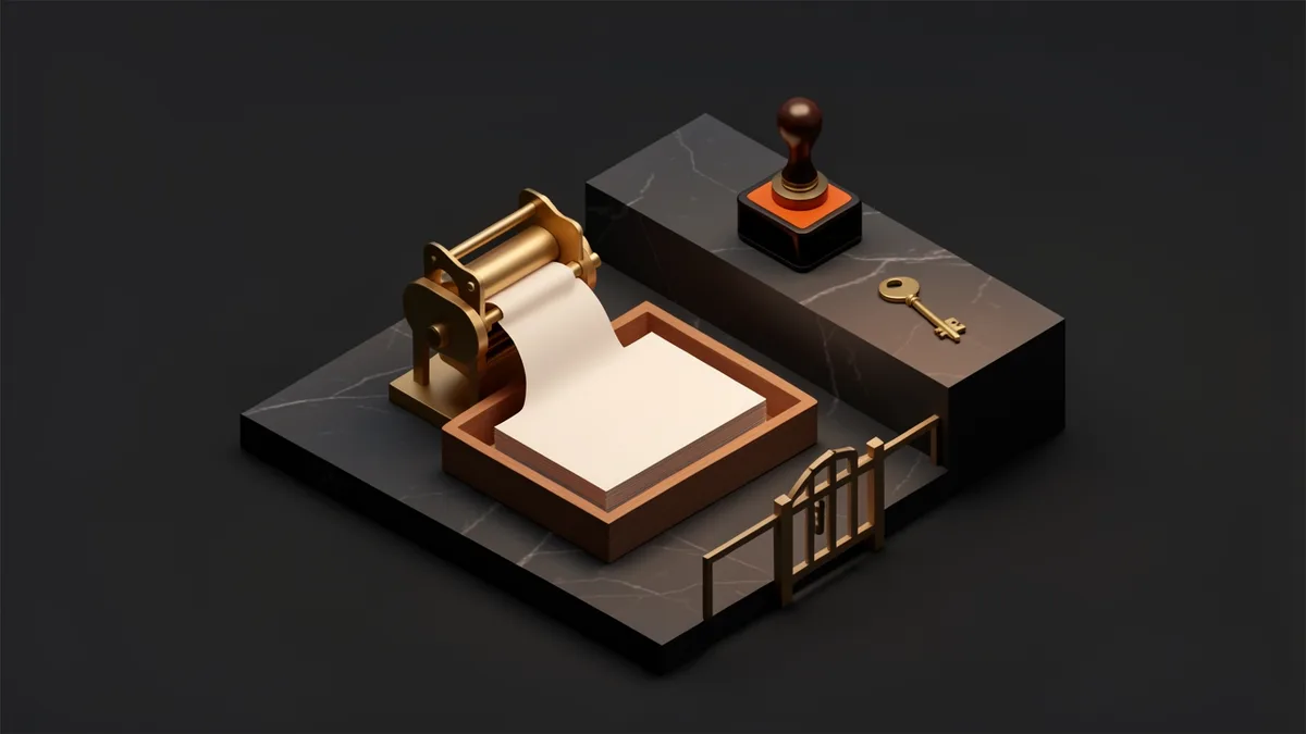 A brass roller press feeds blank paper into a wooden tray on dark marble, beside a rubber stamp, a brass key and a small gate, in an isometric illustration.