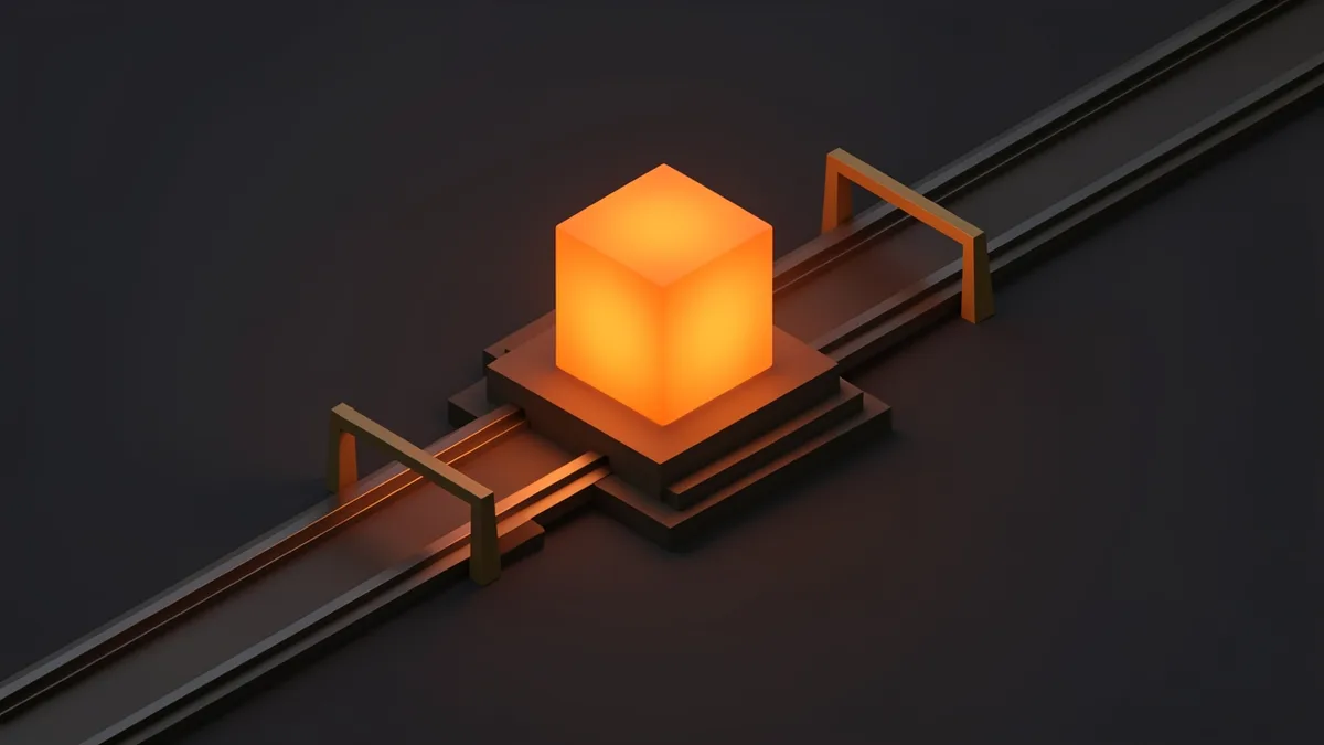 A glowing ember cube on a pedestal, held on one straight track by rails and gates, in an isometric illustration.