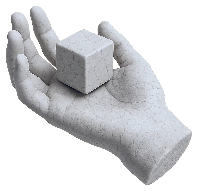 Stone hand cradling a stone cube - icon for Stewardship, Marbl Codes' managed hosting and ongoing partnership pillar